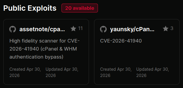 Public proof-of-concept exploit cards on a CVE page