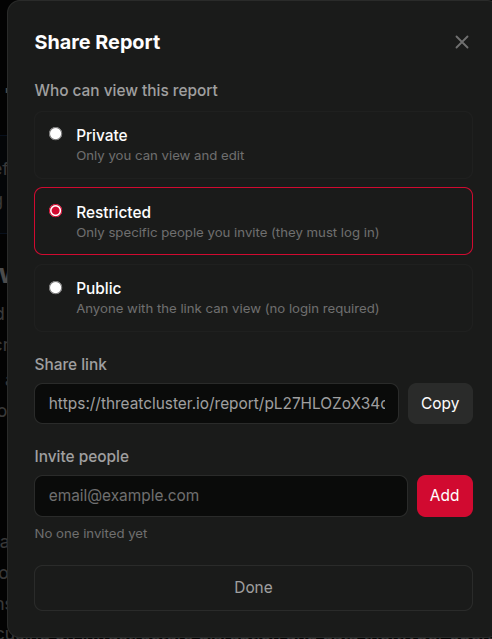 Share Report modal with Private / Restricted / Public