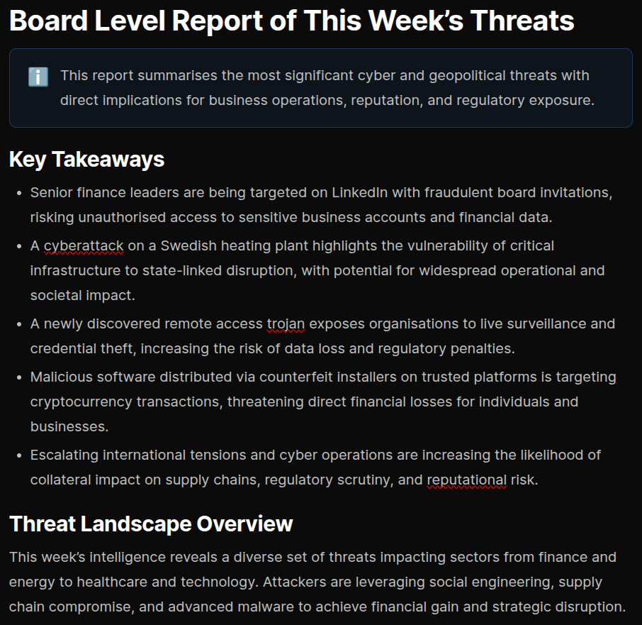 Executive briefing report generated from a custom feed