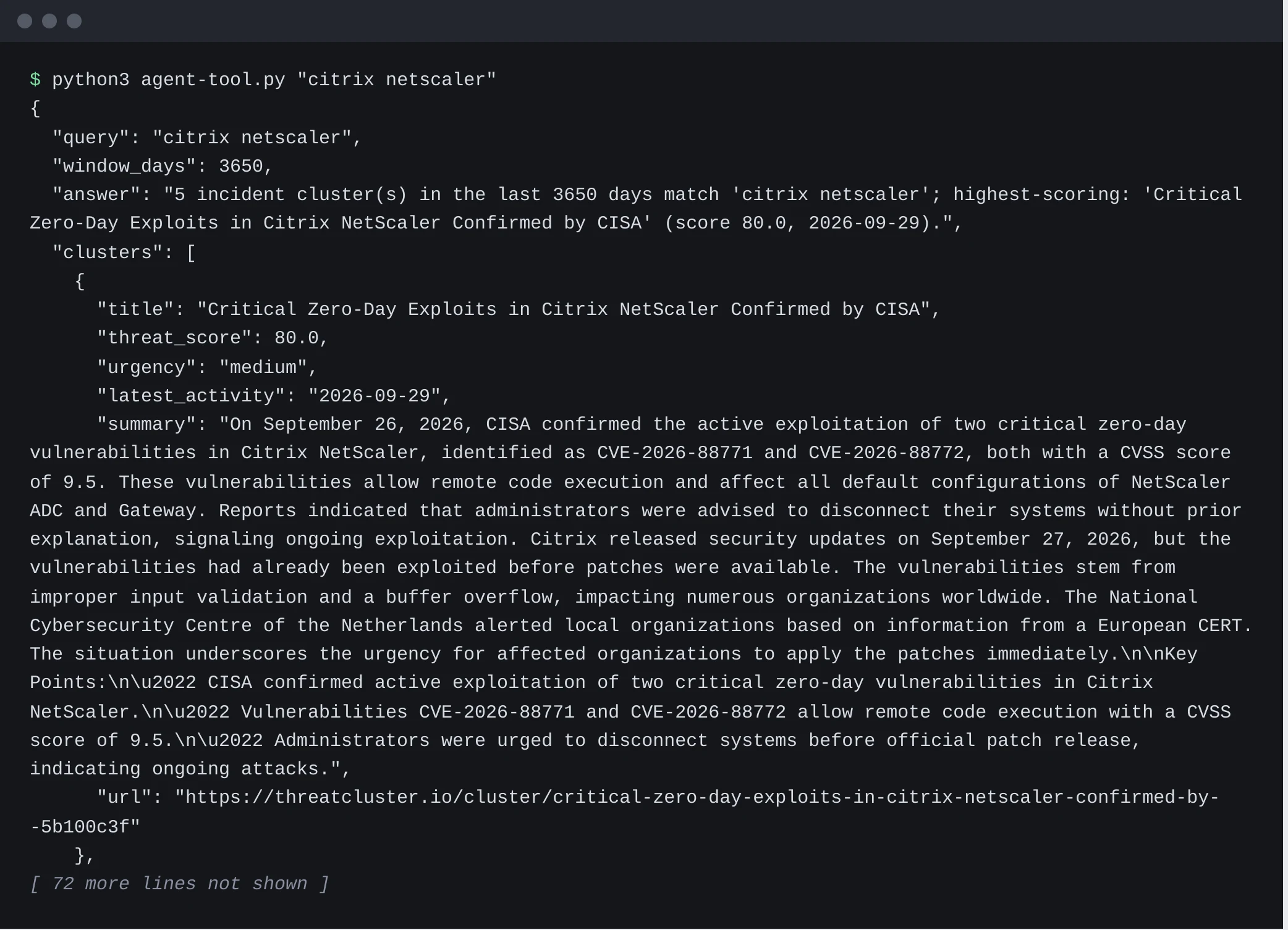 A terminal running the tool with the query citrix netscaler and printing JSON with an answer line and the first incident, including its title, score of 80 and summary