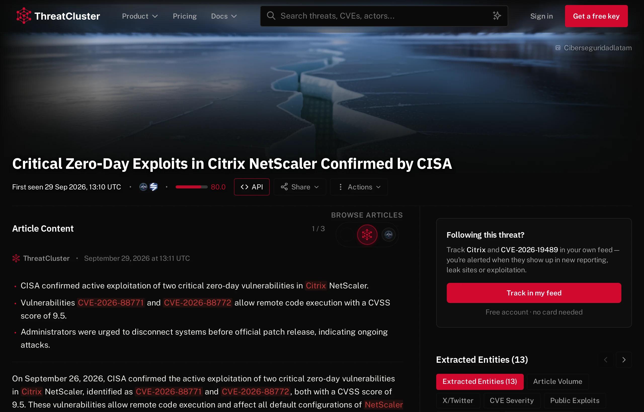 The ThreatCluster incident page for the Citrix NetScaler zero-days confirmed by CISA, with key points, the summary and 13 extracted entities