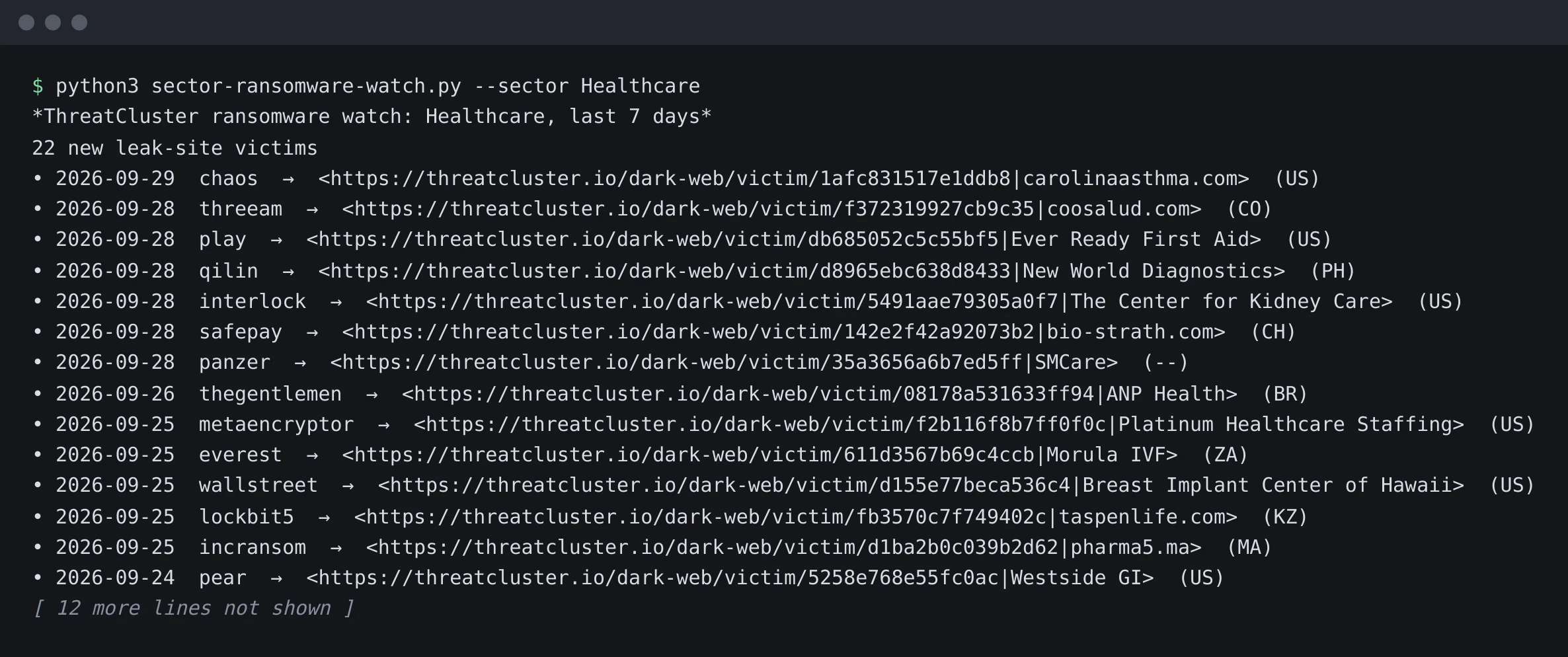 A terminal running the script for the Healthcare sector and printing a Slack-formatted list of leak-site victims with the date, group, name and country