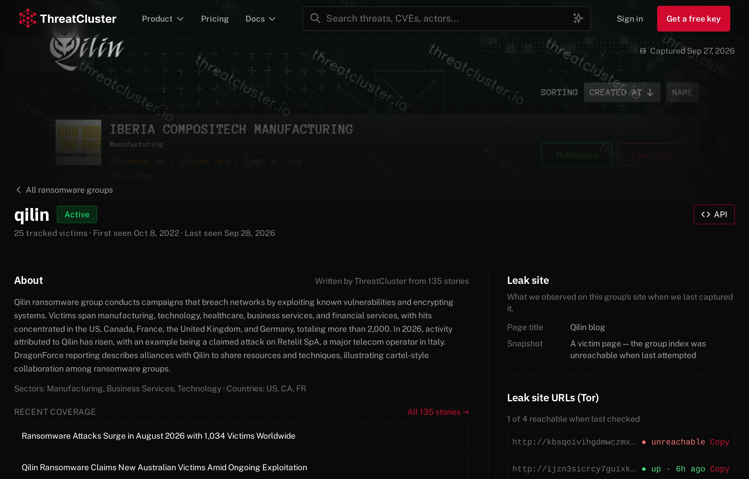 The ThreatCluster page for the Qilin ransomware group showing its status, tracked victims, a written summary and its leak-site addresses