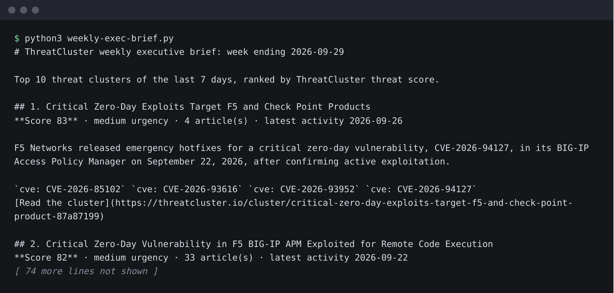 A terminal running the script, which reports it wrote brief.md and prints the start of the brief: a title and the first incident with its score and summary
