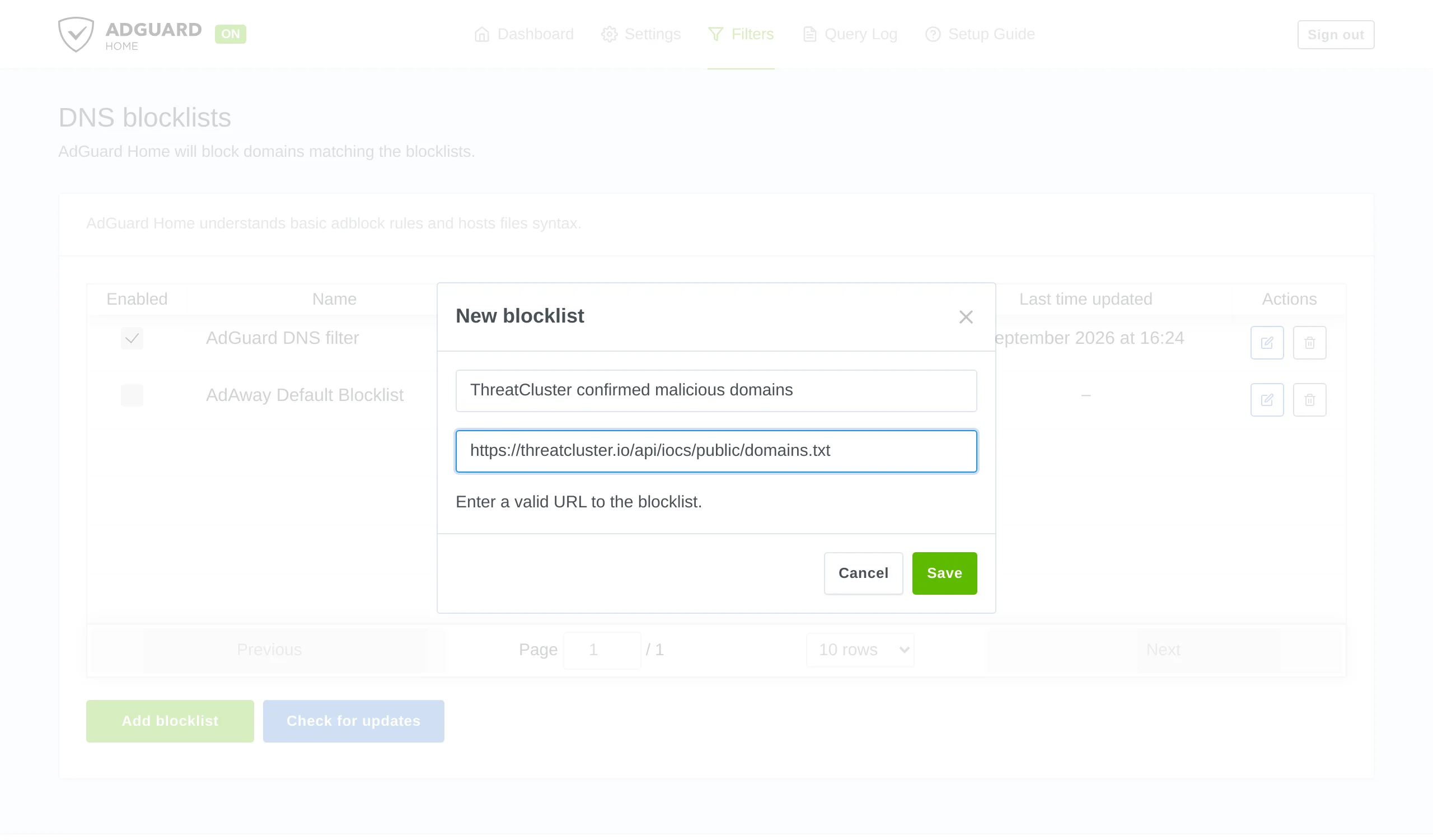 The AdGuard Home New blocklist dialog with a name and the ThreatCluster feed address filled in, above Cancel and Save buttons