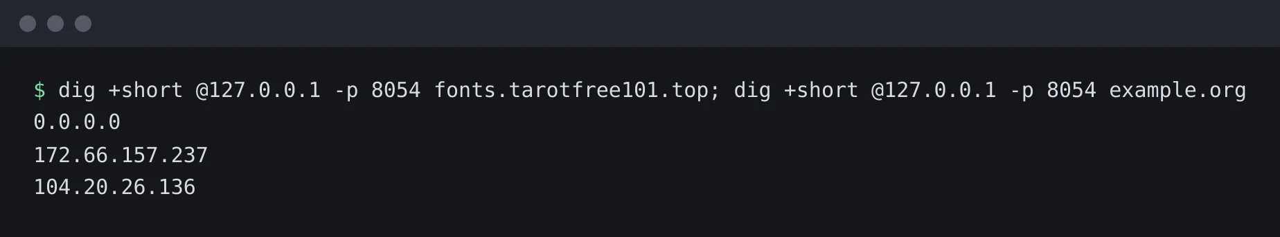A terminal asking AdGuard Home for a domain from the feed, which returns 0.0.0.0, and for example.org, which returns two real addresses