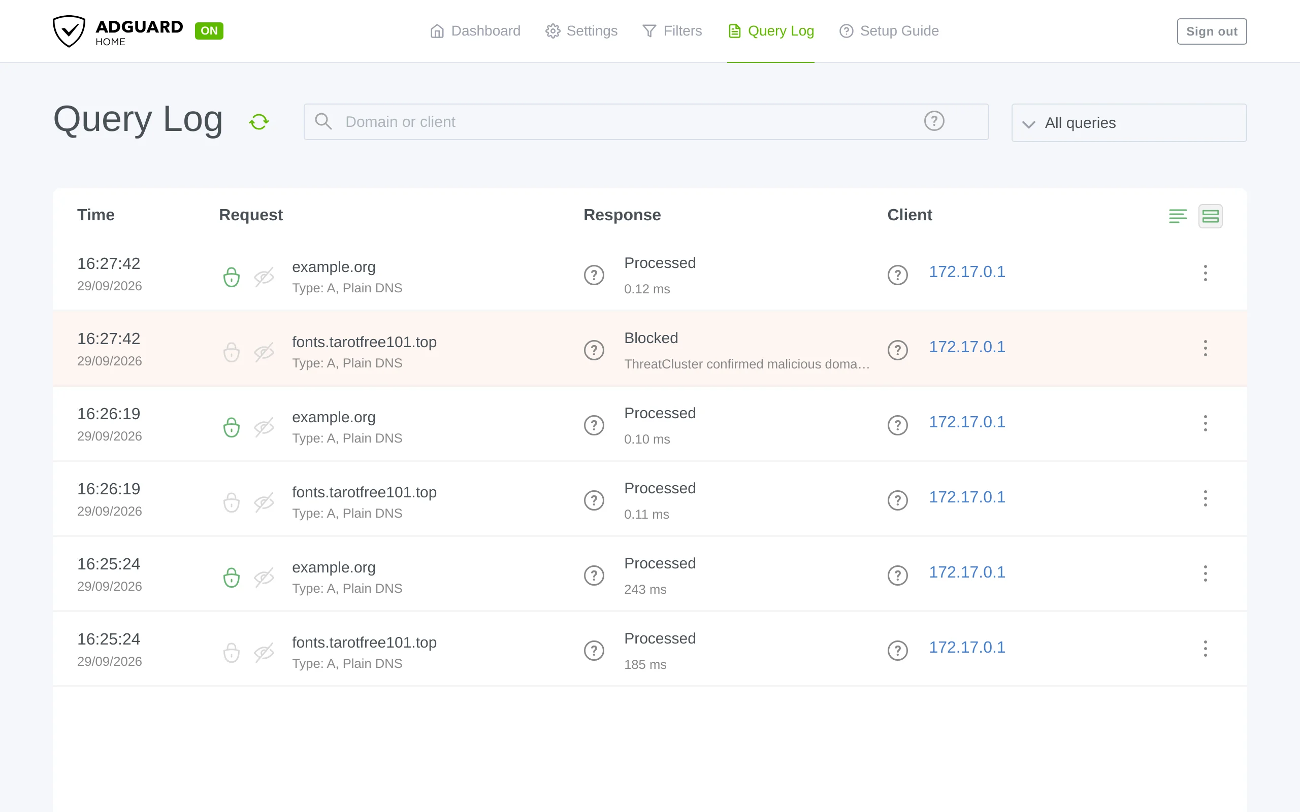 The AdGuard Home query log with a lookup for the feed domain marked Blocked by the ThreatCluster list and a lookup for example.org marked Processed