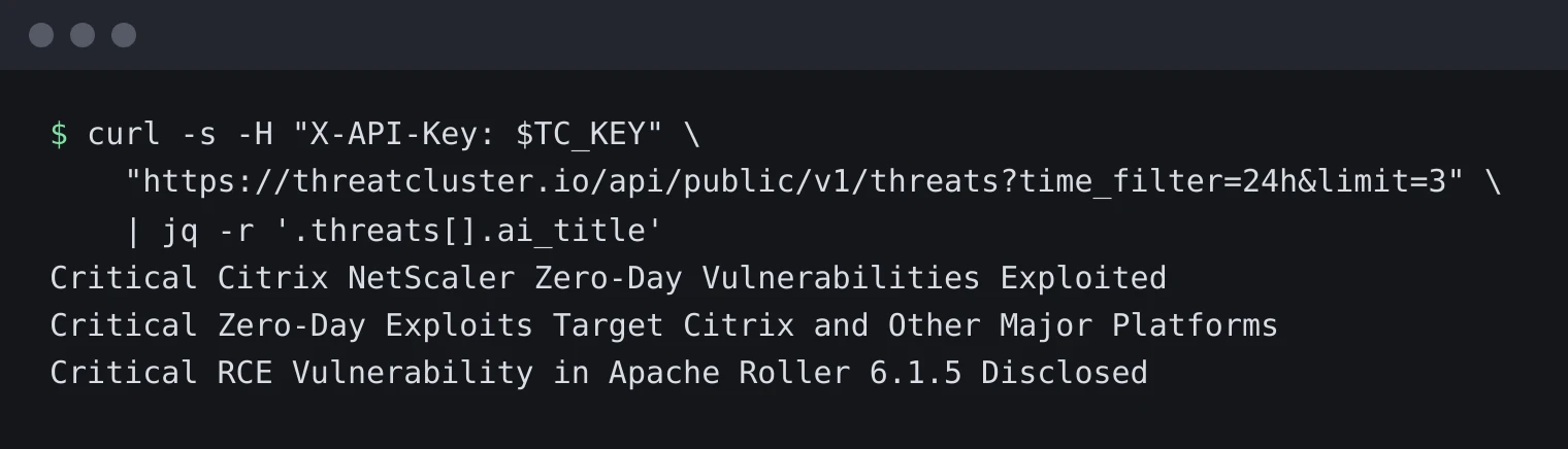 A terminal running the threats call with a limit of 3 and jq printing three cluster titles