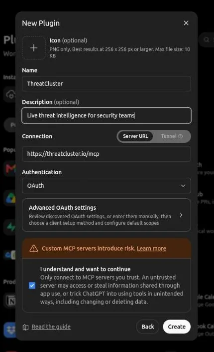 ChatGPT's New Plugin form with the name ThreatCluster, the server URL https://threatcluster.io/mcp and authentication set to OAuth