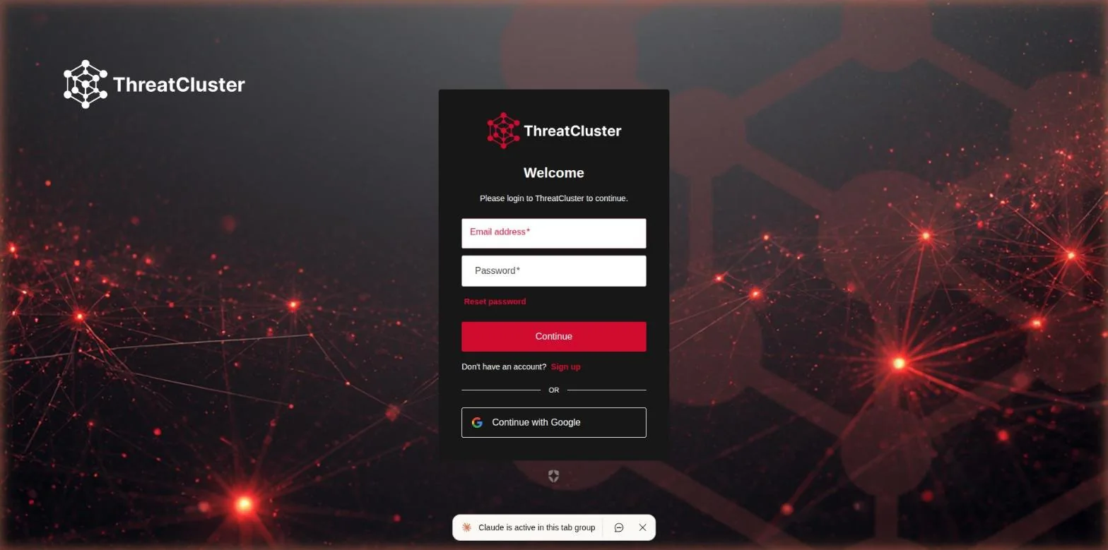 The ThreatCluster login page opened by ChatGPT, with email and password fields and a Continue with Google button