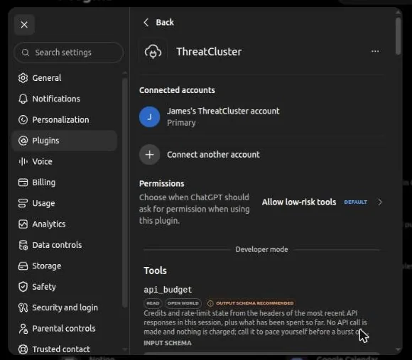 ChatGPT's plugin settings for ThreatCluster showing a connected ThreatCluster account and the first tool, api_budget, marked read-only