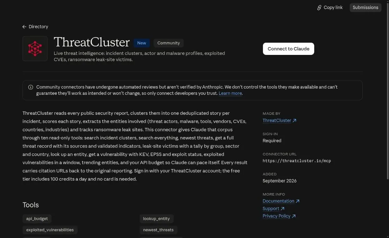The ThreatCluster listing in the Claude directory with the Connect to Claude button, the ten tool names and the connector URL
