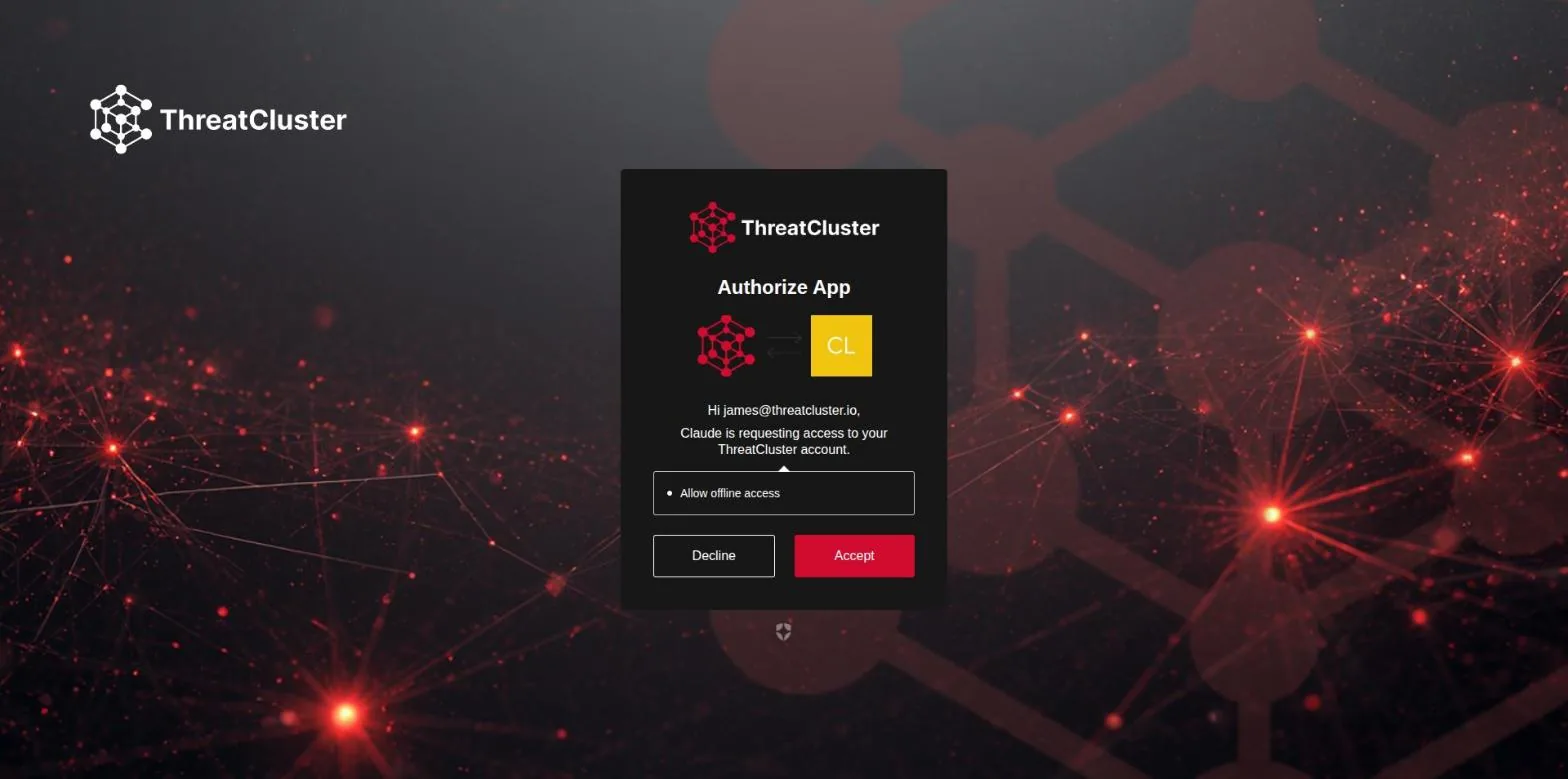 ThreatCluster's authorise screen asking to allow Claude offline access, with Decline and Accept buttons