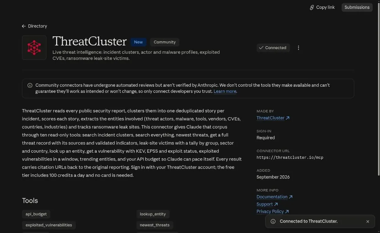 The ThreatCluster directory page showing a Connected badge and a Connected to ThreatCluster notification