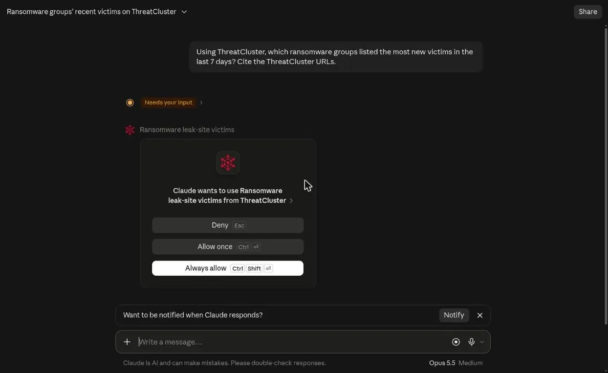 A Claude chat asking to use the Ransomware leak-site victims tool from ThreatCluster, with Deny, Allow once and Always allow buttons