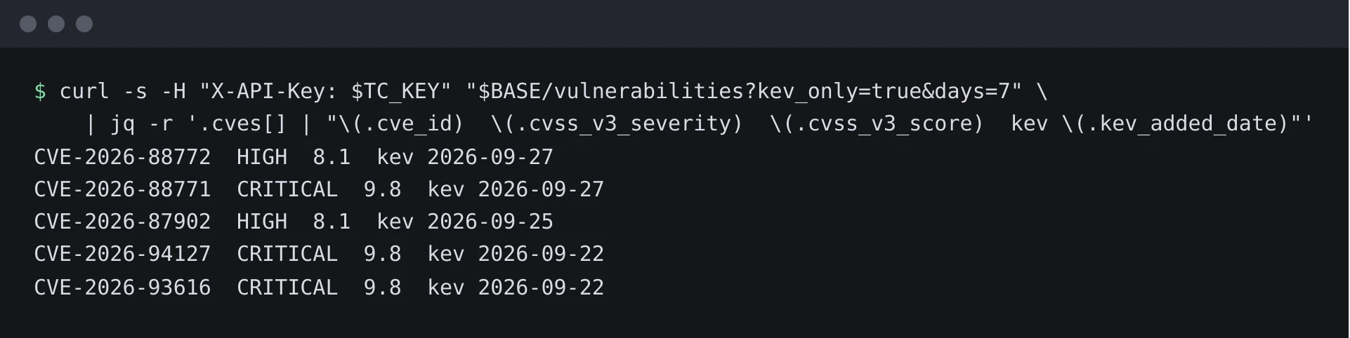A terminal running the vulnerabilities call with kev_only=true and printing five CVE ids with severity, CVSS score and the date each was added to KEV